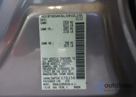 2013 Nissan Altima 2.5 S z USA, uszkodzony, nr VIN 1N4AL3AP5DC176156